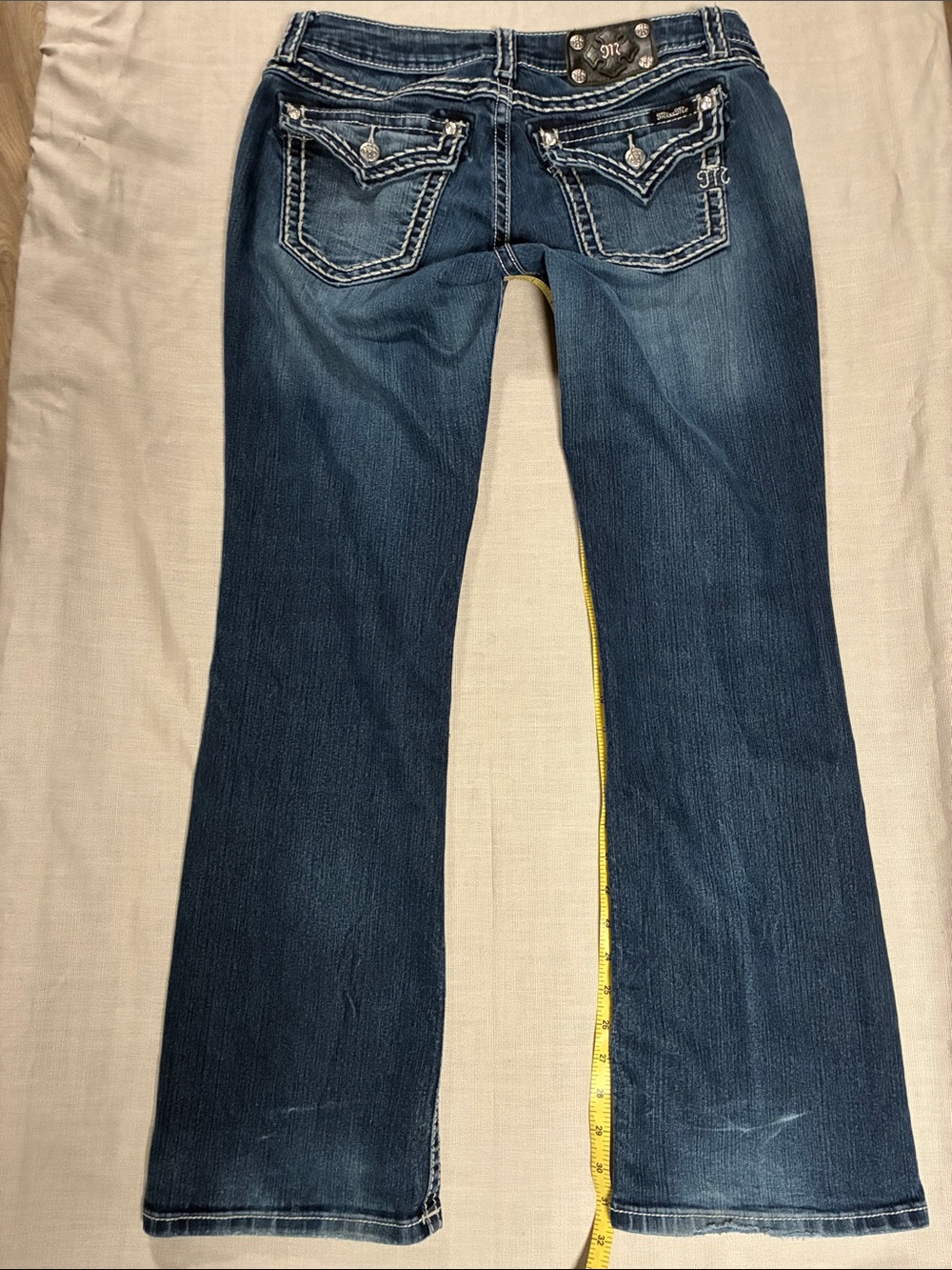 Miss Me Women’s Dark Blue Signature Bootcut Saddle Stitch Jeans, Size 32/32